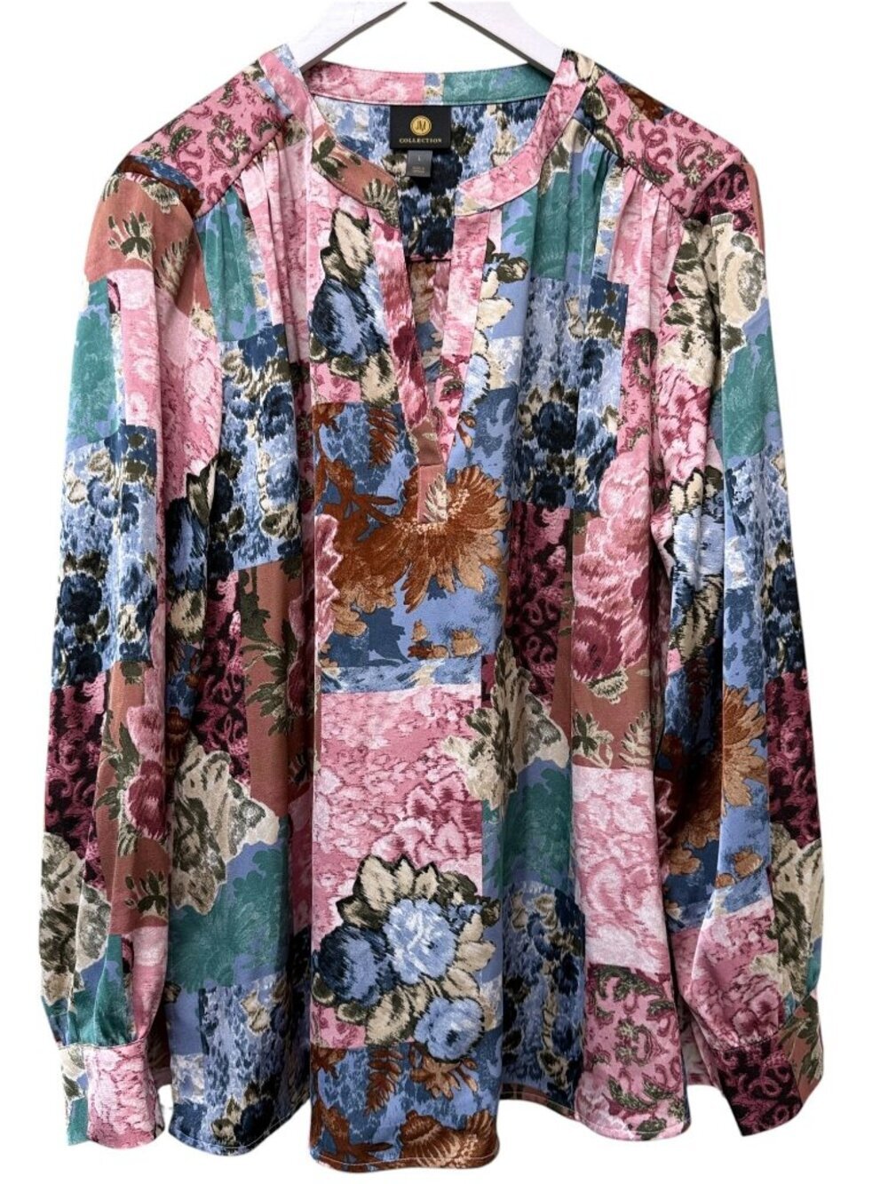 JM Collection Satin Floral Blouse Large Pink Watercolor Womens Flowy Long Sleeve